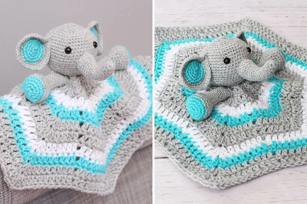A crocheted elephant lovey with a gray, white, and teal hexagonal blanket body, similar in charm to the Hug Me Unicorn Lovey, displayed on a chair and a white wooden surface.