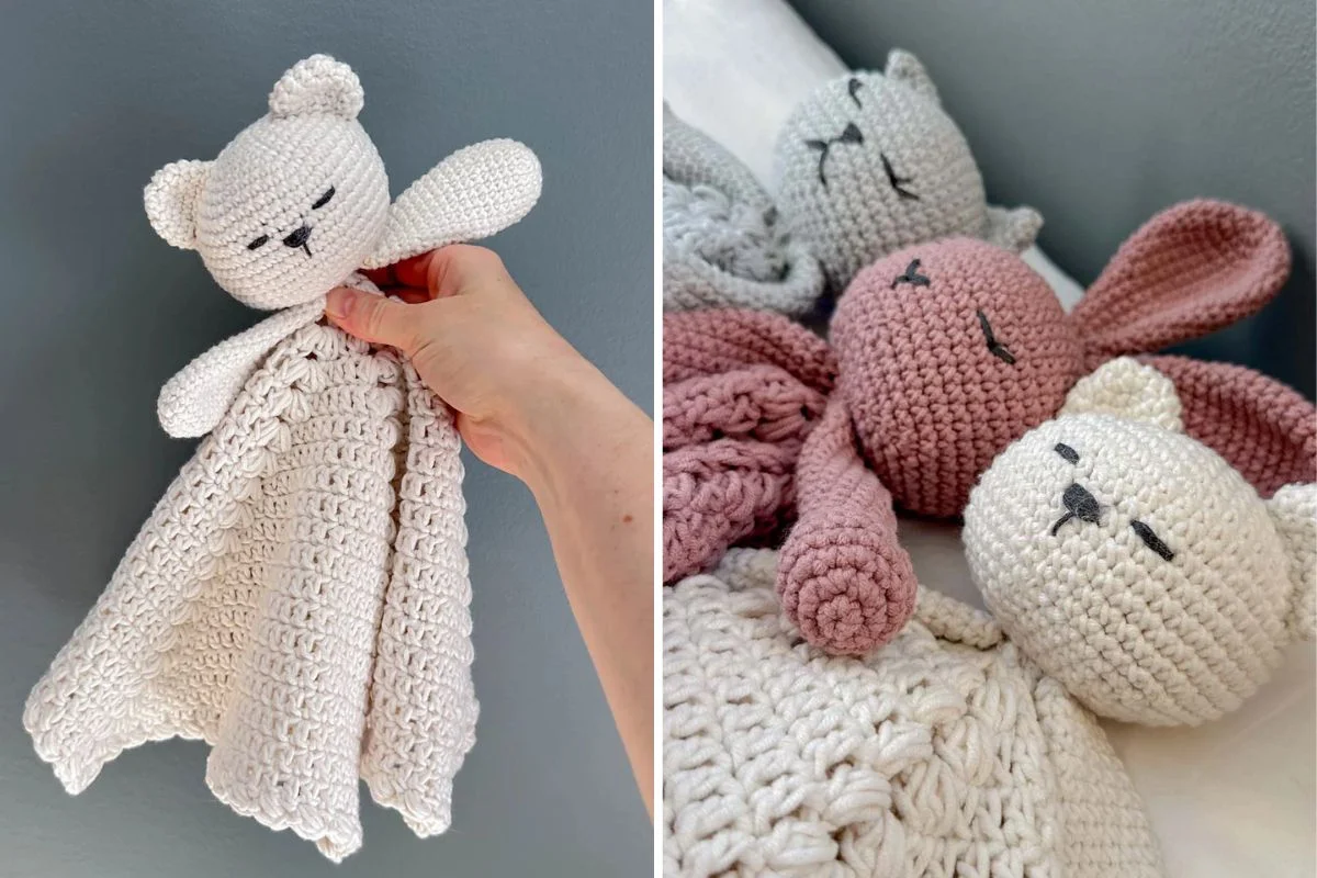 A hand holds a crocheted cream-colored animal lovey; next to it are three similar crocheted loveys in pastel colors, arranged on a bed.