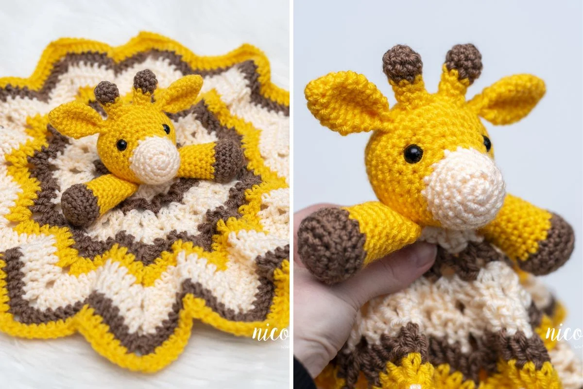 A crocheted yellow and brown giraffe lovey, shown lying flat and being held up, featuring a plush giraffe head attached to a ruffled blanket.