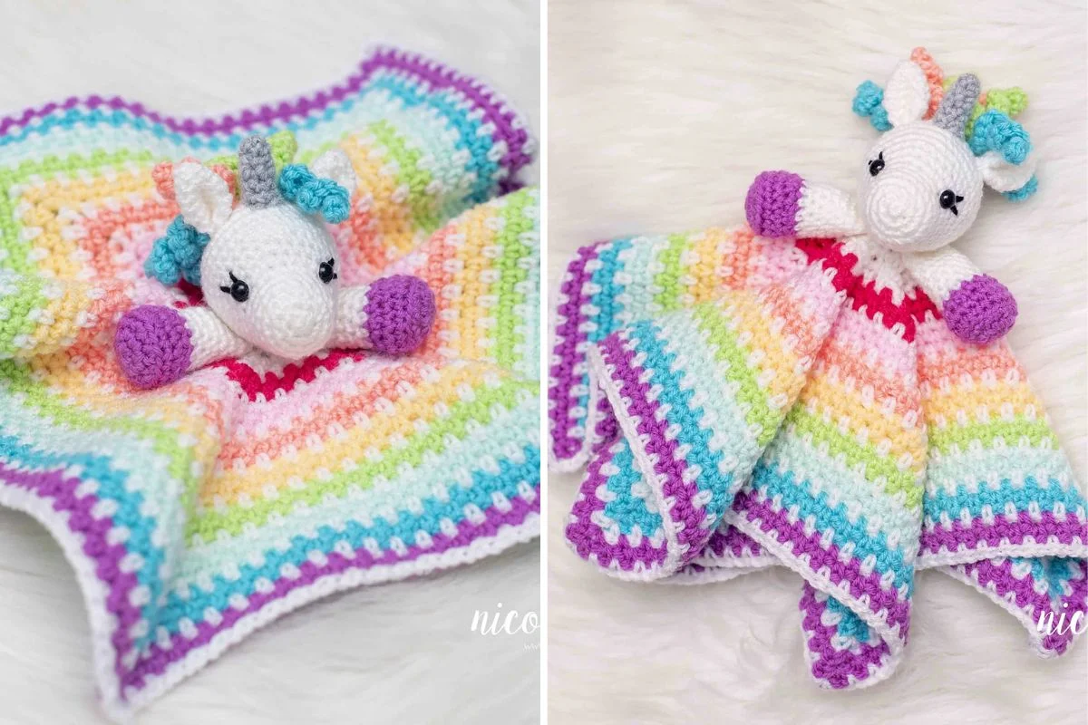 Crocheted Unicorn Lovey with a rainbow-colored blanket body, featuring a white unicorn head and arms, displayed on a white surface—perfect for little ones who love to snuggle and say "Hug Me.