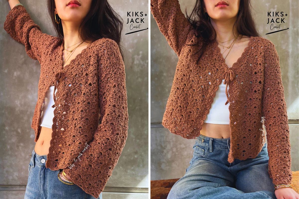 Two side-by-side photos show a woman wearing a brown crocheted cardigan over a white crop top and blue jeans, accessorized with a Circle Leaf Market Bag, sitting against a gray wall. The "KIKS + JACK" logo appears in the top right corner.