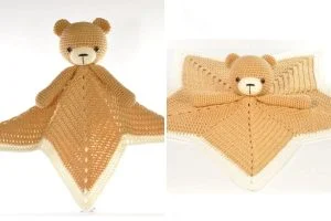 Crocheted teddy bear security blanket with a brown bear head and arms attached to a beige and white patterned cloth, shown upright and laid flat.