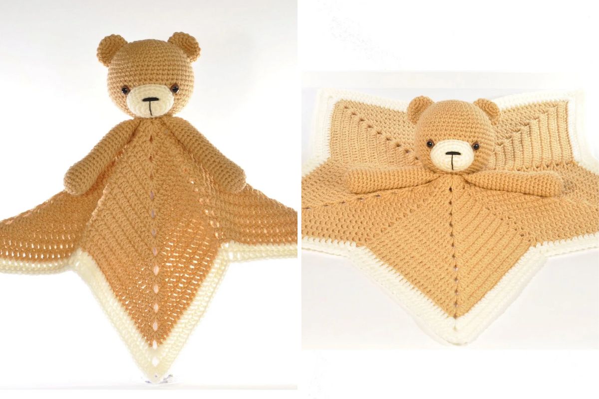 Crocheted teddy bear security blanket with a brown bear head and arms attached to a beige and white patterned cloth, shown upright and laid flat.