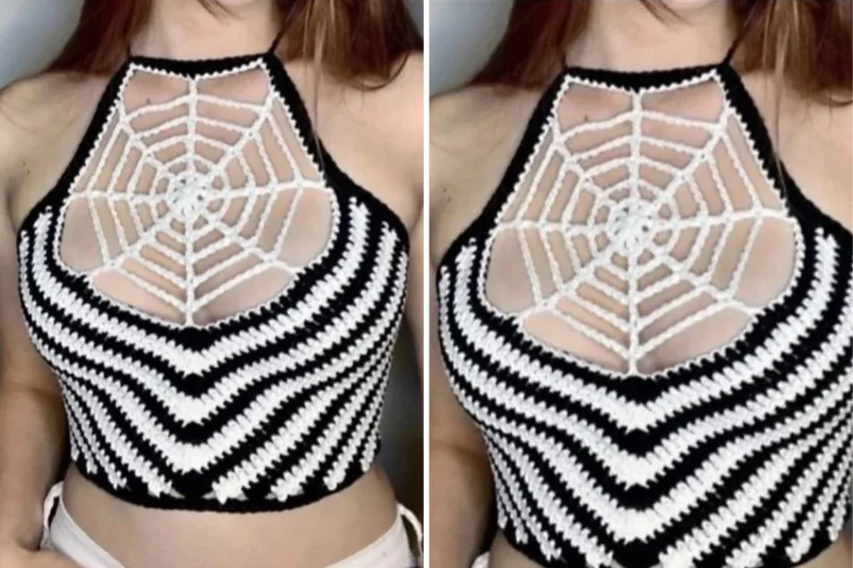 a woman wearing a striped black-and-white crochet top with a spider web mesh neckline