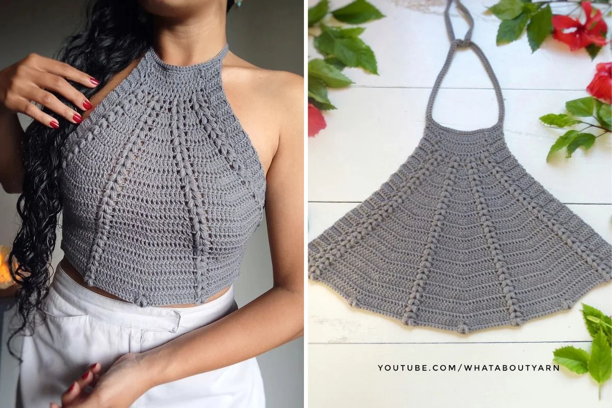 a woman wearing a grey crochet halter top with a shell-shaped cut