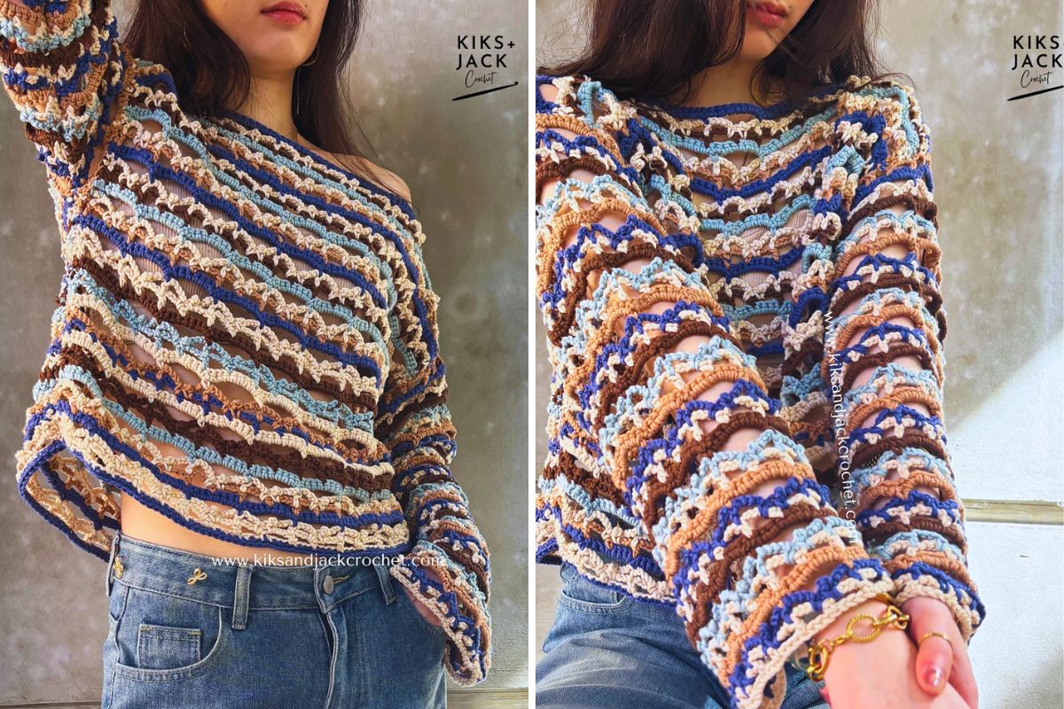 a woman dressed in a lacy crochet top with long sleeves