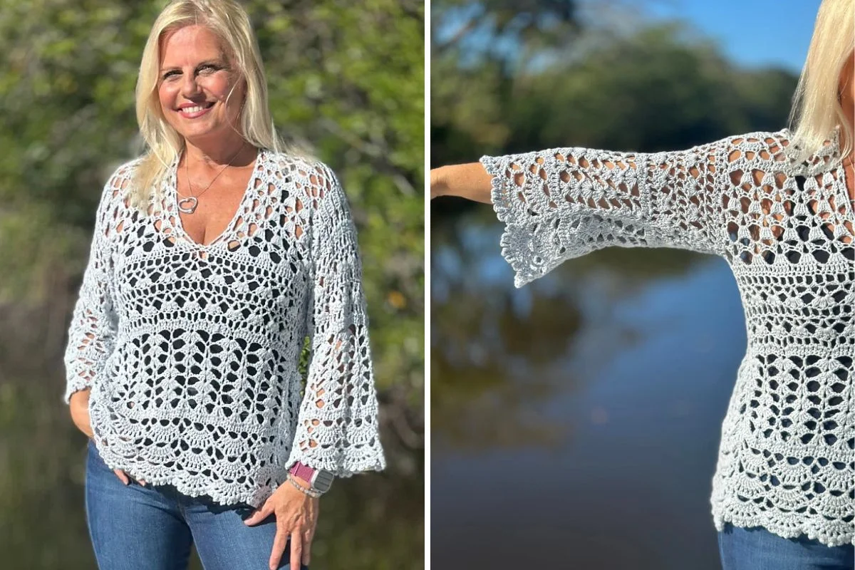 A woman wearing a light gray crocheted Tiana Pullover and blue jeans stands outdoors; the second image shows a close-up of the Tiana Pullover’s sleeve with her arm outstretched.