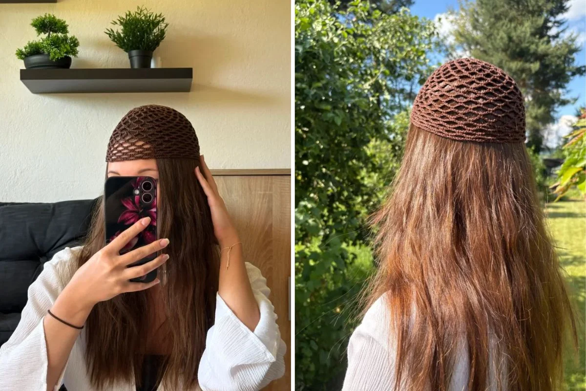 Two images of a person with long brown hair wearing a brown crocheted hair covering; one photo is indoors, one outdoors, face covered by a phone in the indoor image.