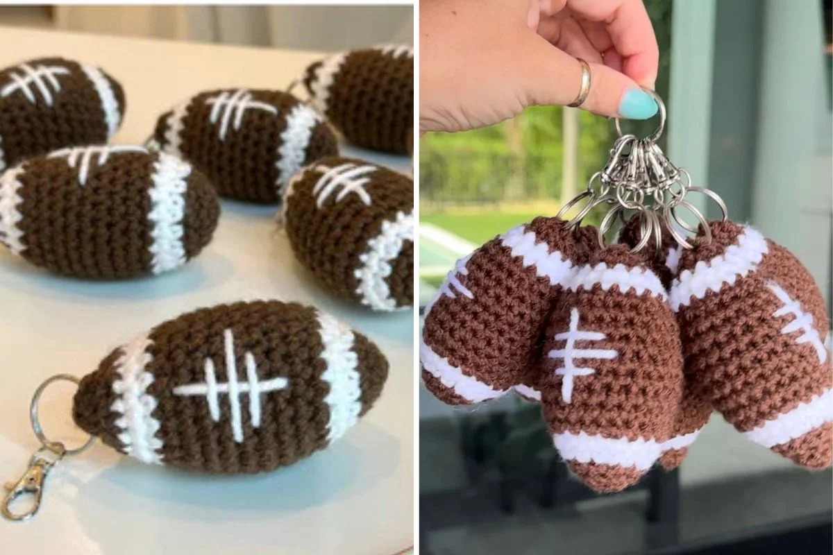 Two images show small football keychains; one image displays several Crochet Keychains on a table, while the other shows a hand holding a bunch of them by their key rings.