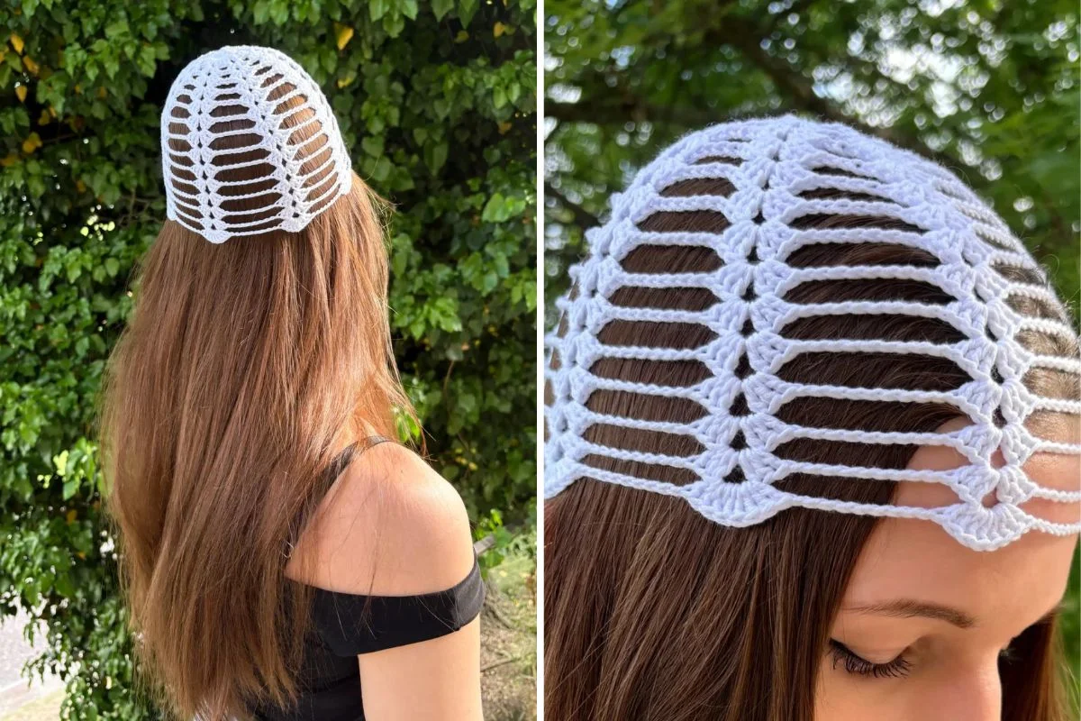 A woman with long brown hair wears a Crochet Mesh Cap as a white crocheted hair covering, shown from behind and in close-up detail, set against an outdoor leafy background.
