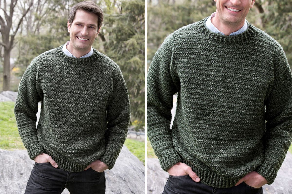a man wearing a crocheted pullover in a dark color