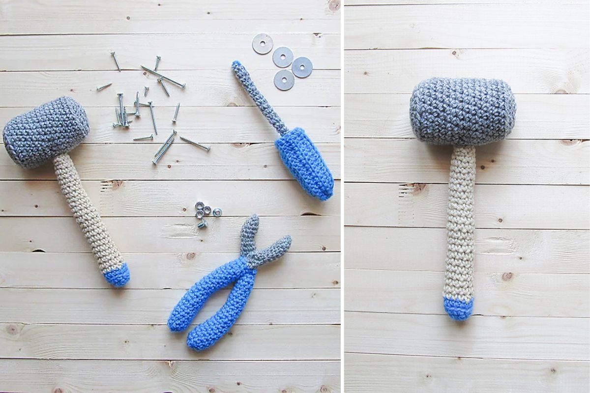 This Crochet Tool Set features three crocheted toy tools—hammer, screwdriver, and pliers—displayed on a wooden surface with real nails, screws, washers, and bolts. A perfect handmade gift for Father's Day!.