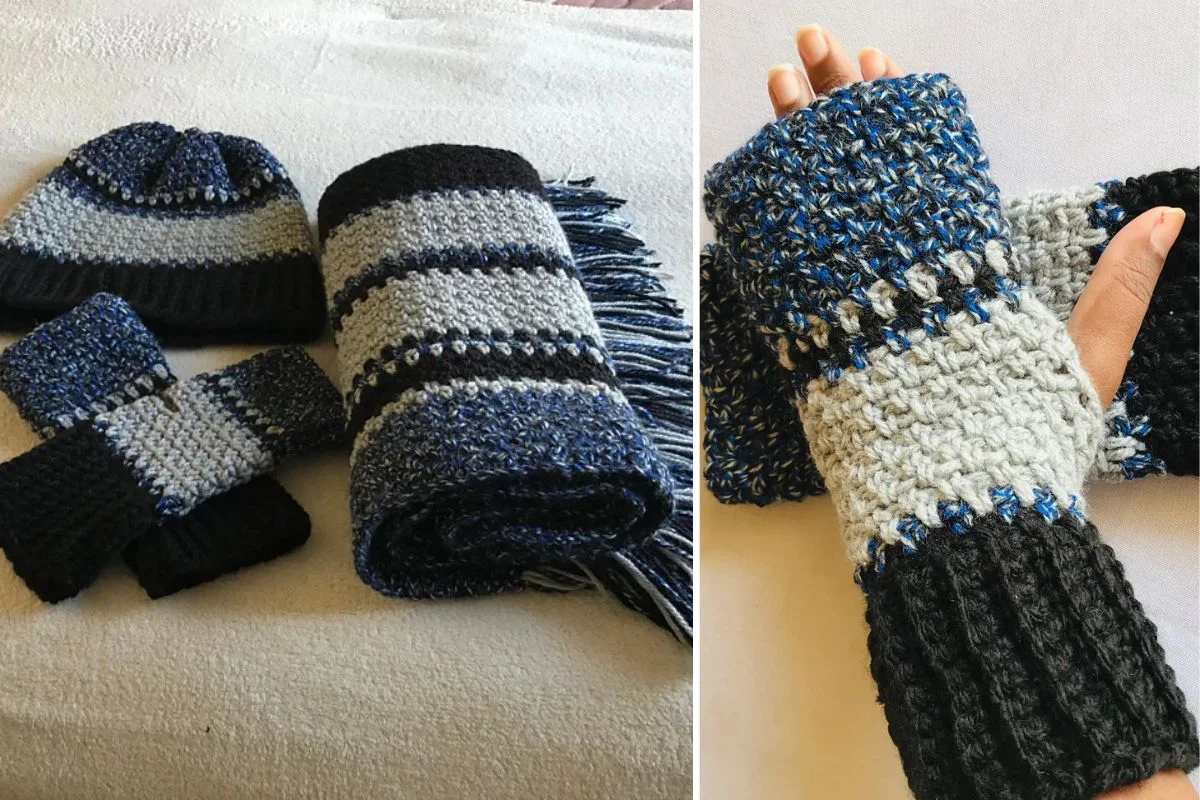 A crochet Fathers Day Set featuring a hat, scarf, and fingerless gloves in black, grey, and blue tones; close-up of a hand wearing one glove on the right. Perfect as a thoughtful Fathers Day Gift.