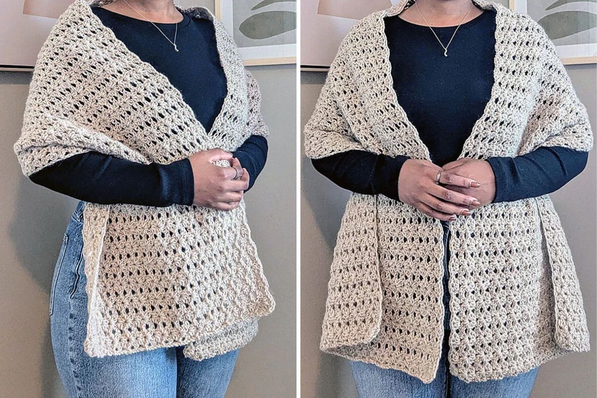 Two side-by-side photos show a person wearing the beige, chunky Hallelujah Prayer Shawl over a black top and blue jeans, standing in front of a neutral wall.