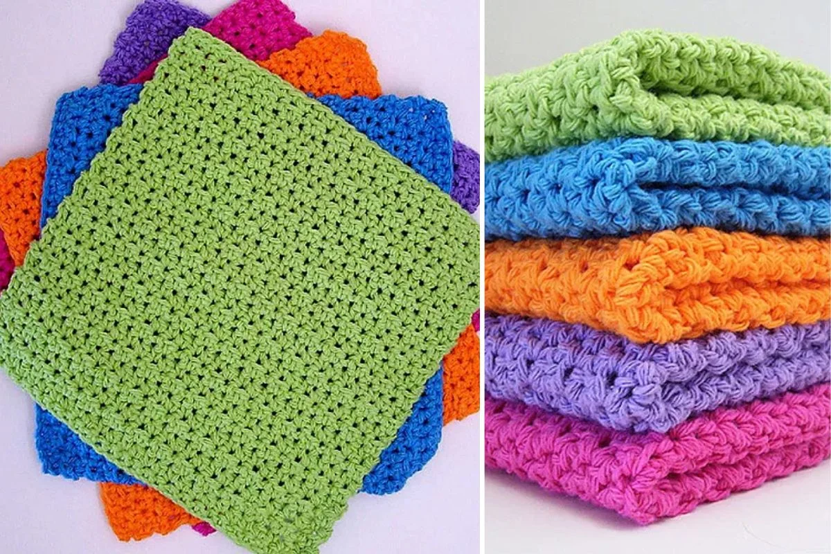 a set of crochet dishcloths in different colors