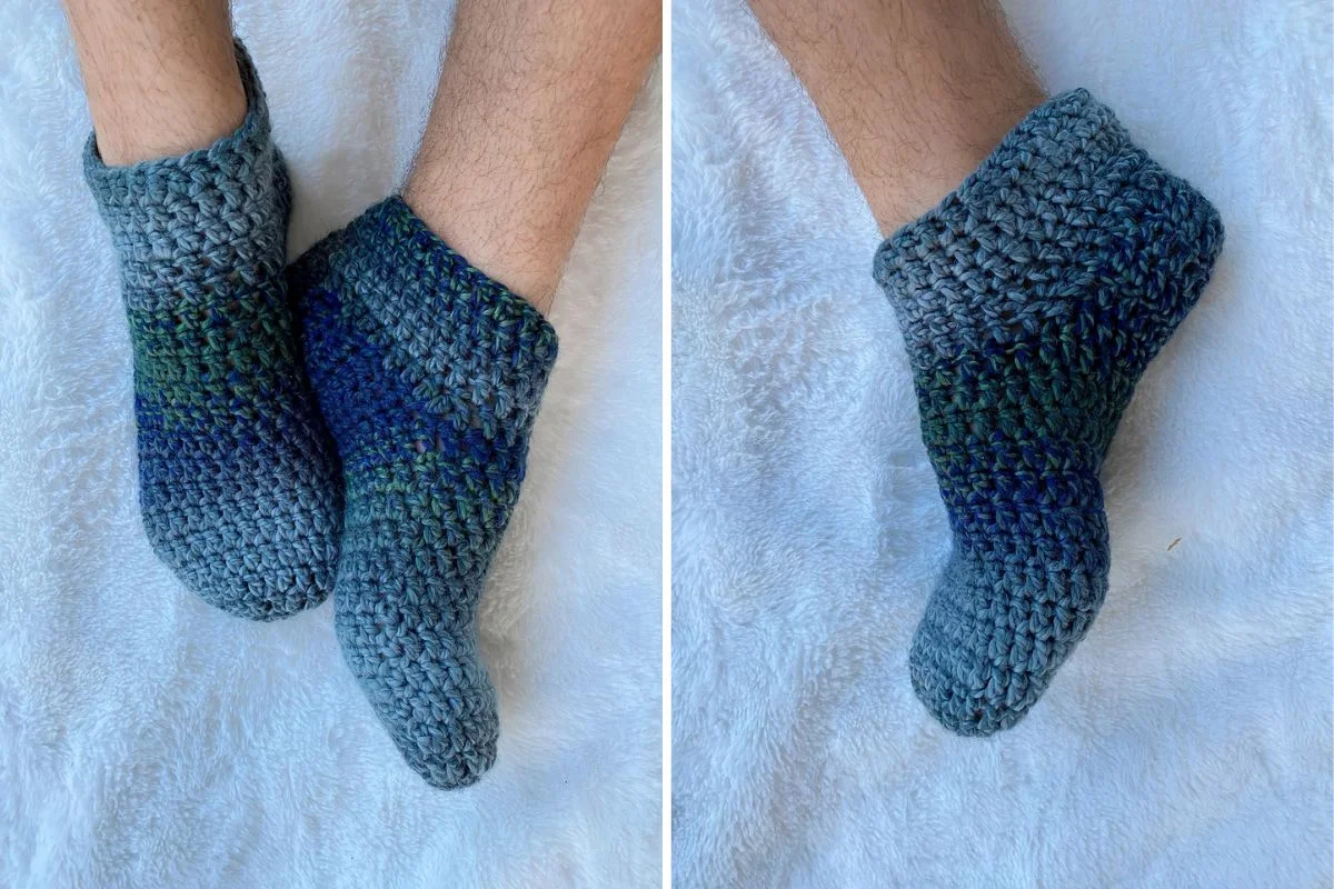 bulky crochet slipper socks for men in an ombre color