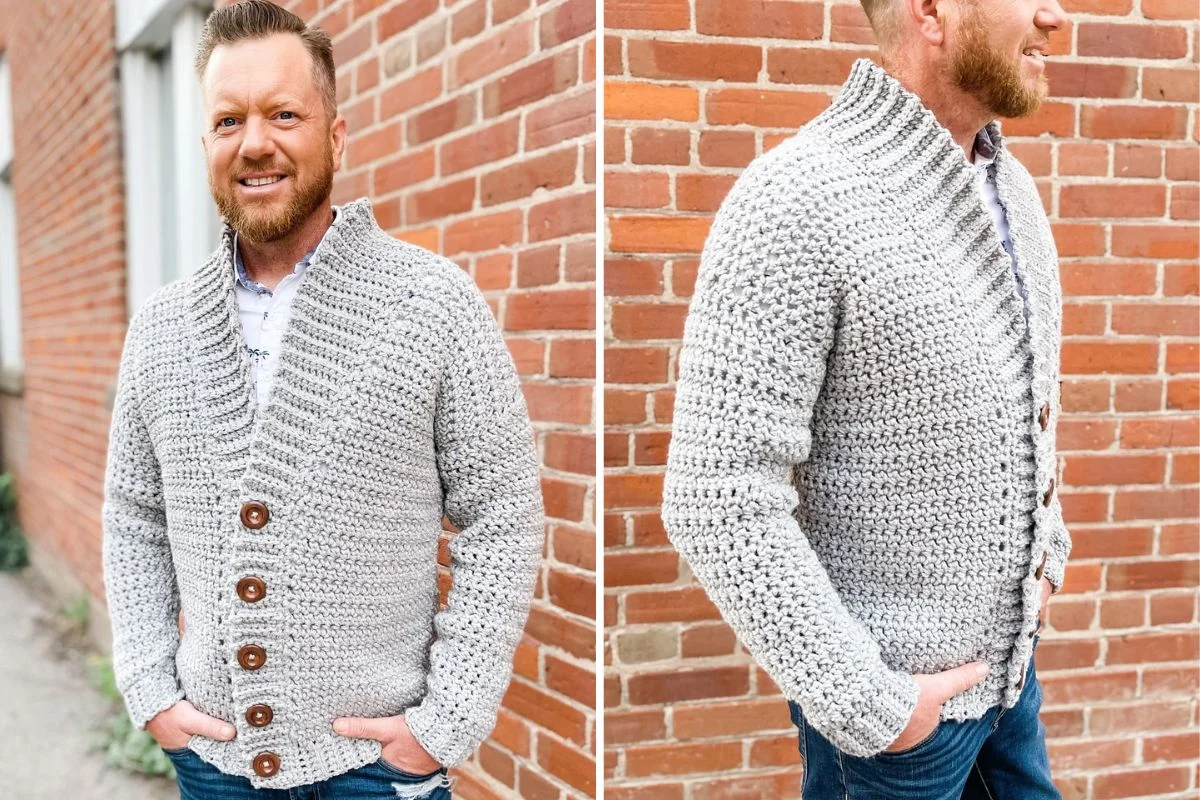 Man wearing a light gray crocheted cardigan with large brown buttons, standing in front of a brick wall. Two views: front and side profile.