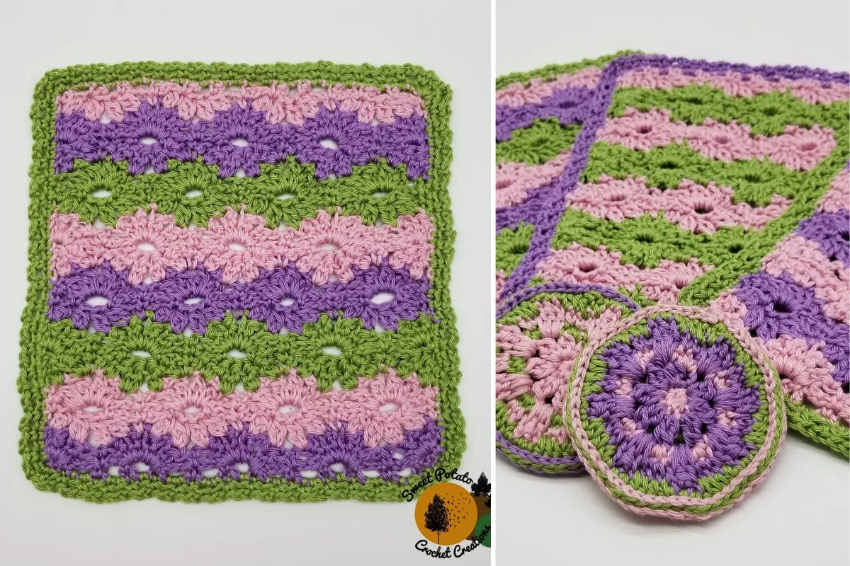 a multicolored crochet dishcloth featuring a flower-shaped texture