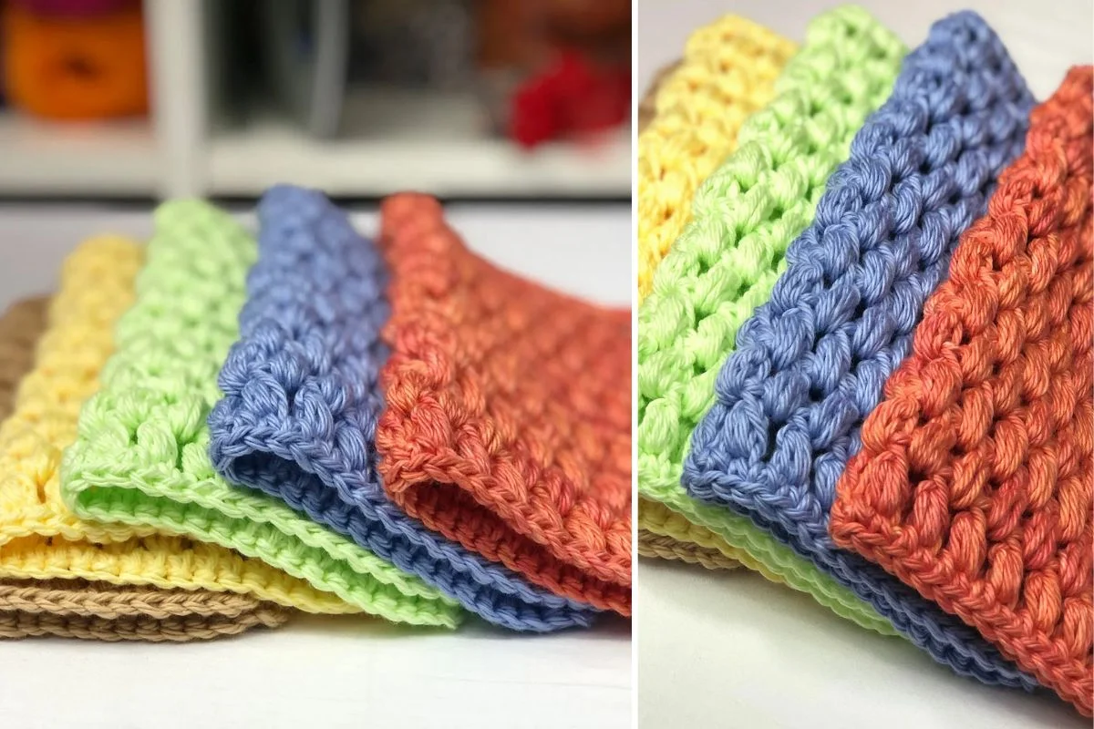 textured crocheted washcloths in different shades