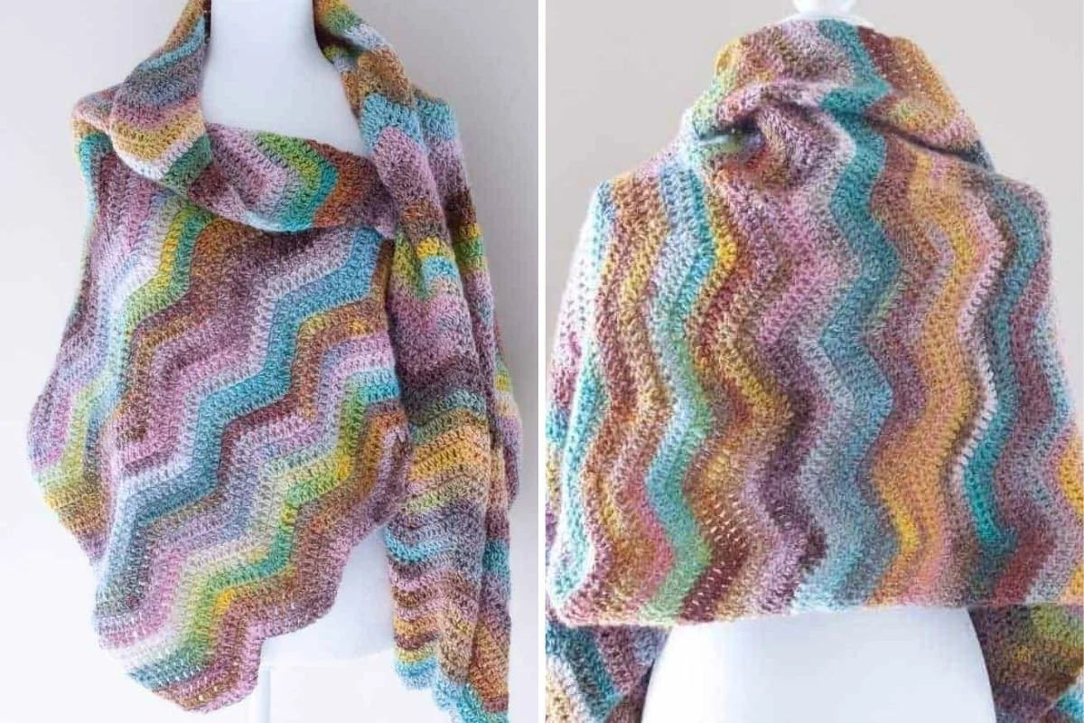Multicolored Ripple Crochet scarf with a wavy zigzag pattern, draped on a mannequin and shown from both front and back angles.