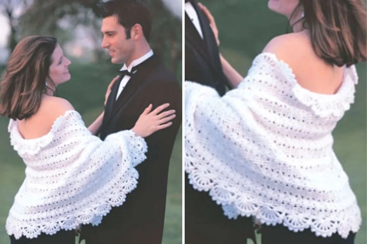A woman wearing the Simply Shawl, a white crocheted piece, embraces a man in a tuxedo outdoors. The image is split to display both the front and back views of the shawl.