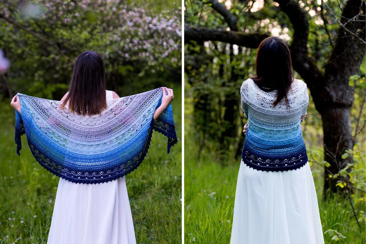 A woman in a white dress stands outdoors, showcasing a large, blue-gradient SisLove Shawl in a stunning half circle design from the back in two different poses.