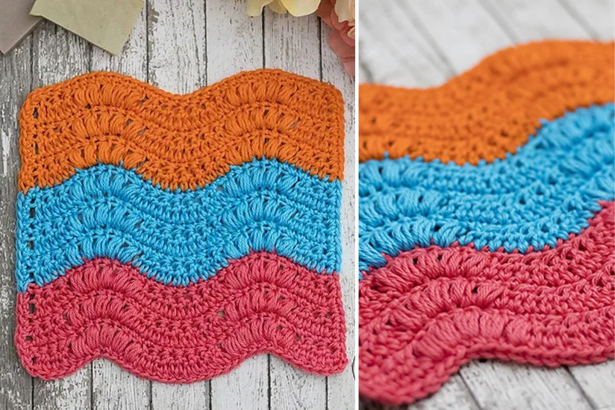 vibrant crochet washcloth featuring a wave-shaped design
