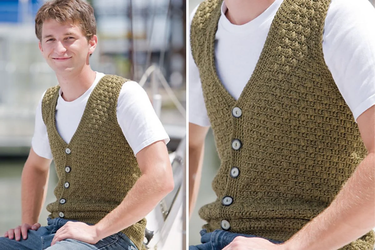 A person wearing a white t-shirt and an olive green, buttoned, crocheted vest sits outdoors near a marina. Close-up shows vest’s textured pattern and four buttons.