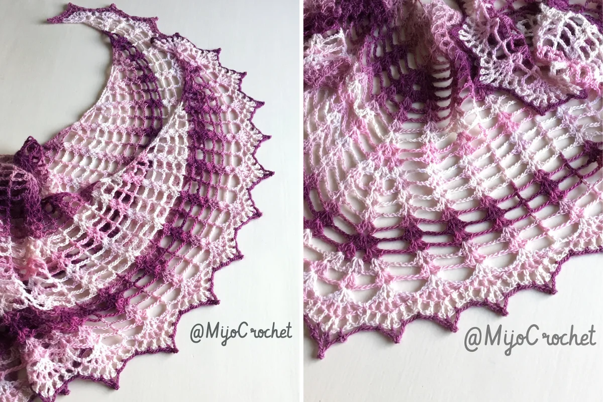 Two images of a crocheted shawl with a lacy, scalloped design in gradient shades of purple, pink, and white, displayed on a flat surface. The watermark "@MijoCrochet" is visible.