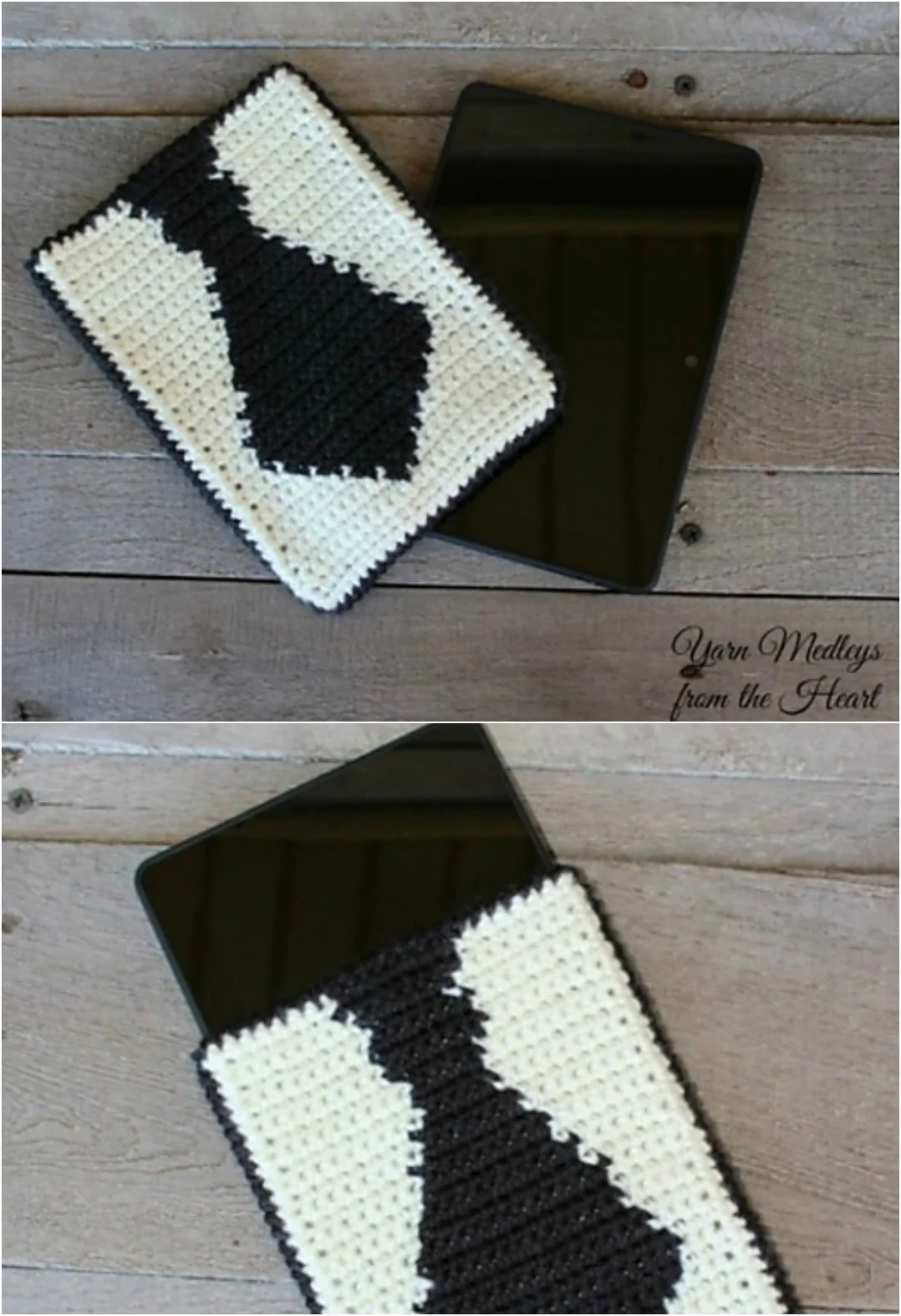 A crocheted tablet sleeve with a black tie design, inspired by Dusk Till Dawn, lies next to and partially covering a black tablet on a wooden surface.
