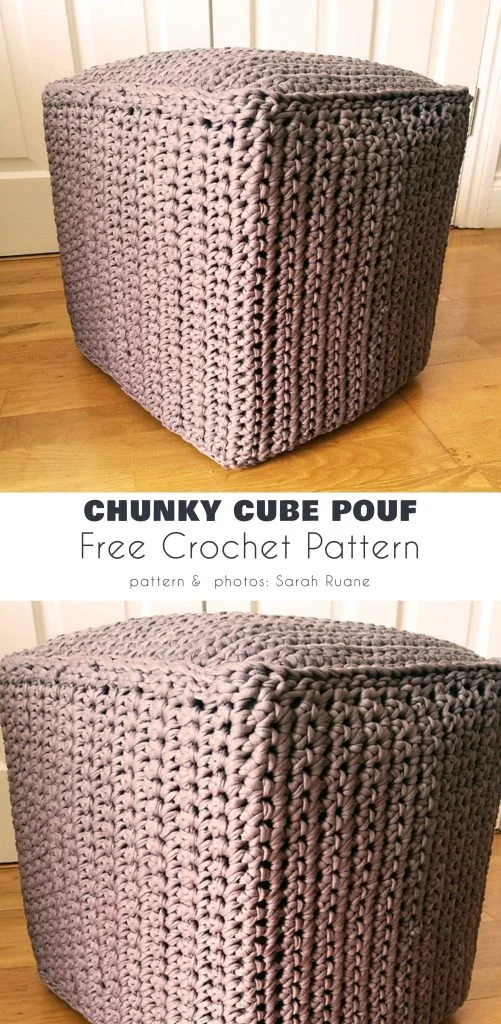 A chunky crocheted cube pouf in light mauve yarn sits on a wooden floor. Text below reads: "Chunky Cube Pouf Free Crochet Pattern from magazine@yourcrochet.com.