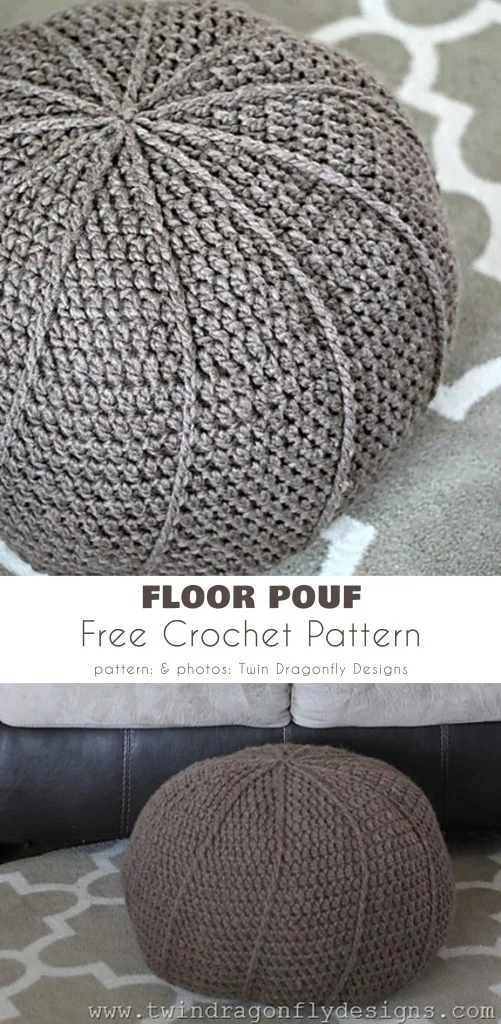 A round, gray crocheted floor pouf sits on a patterned rug in a living room, shown from above and from the side—an inviting touch for modern decor featured in magazine@yourcrochet.com.