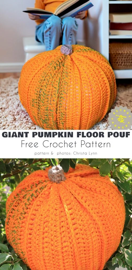Two images show a large, crocheted floor pouf shaped like an orange pumpkin with a gray stem, featured as decor in a living space and displayed outdoors. For more creative crochet ideas like this, visit magazine@yourcrochet.com.