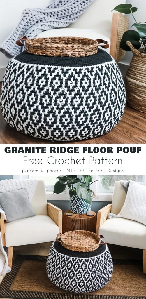 Black and white crochet floor pouf with a geometric pattern, brown leather handles, and a woven basket lid, placed in a modern living room setting—a timeless piece inspired by the creative designs featured in magazine@yourcrochet.com.