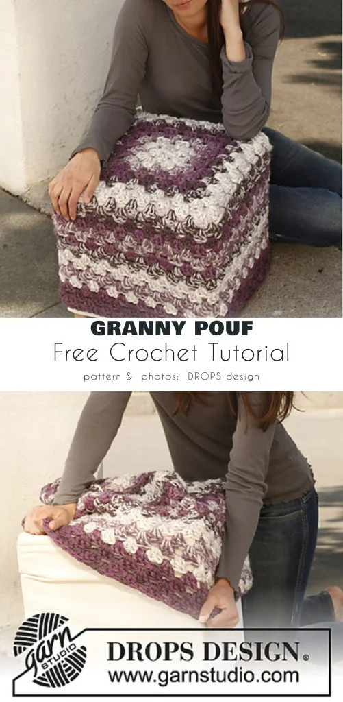 A woman in a gray shirt sits and holds a large, purple and white crocheted pouf. Text reads: “Granny Pouf Free Crochet Tutorial, Drops Design, www.garnstudio.com.” For more inspiration, visit magazine@yourcrochet.com.