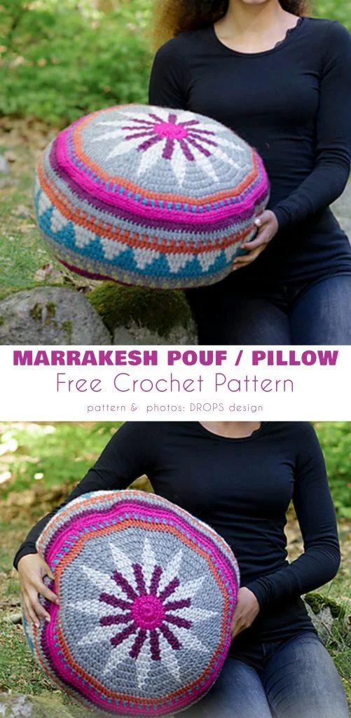 A person holds a round, colorful crocheted pouf with geometric patterns in gray, pink, purple, and blue. Text advertises a free Marrakesh pouf crochet pattern—get yours by contacting magazine@yourcrochet.com.