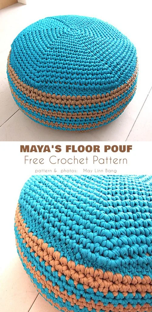 A round, crocheted floor pouf in turquoise and tan yarn, shown from two angles; the text describes it as a free crochet pattern by May Linn Bang and featured on Agyness.