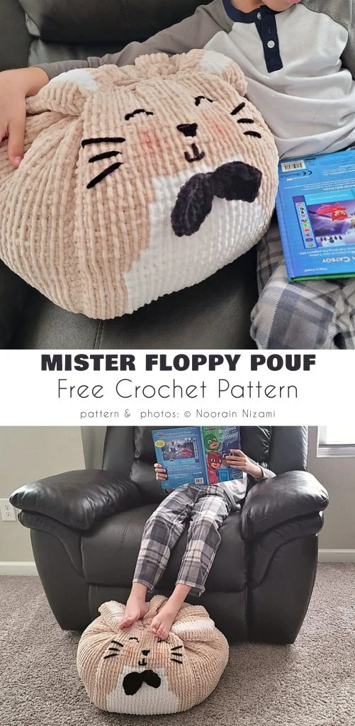A child sits in an armchair with feet propped on a round, cat-shaped crochet pouf featuring a whimsical mustache design. Resting on the child's lap are a book and blue blanket—perfect inspiration for creative readers and crafters alike. Discover similar cozy ideas at magazine@yourcrochet.com.