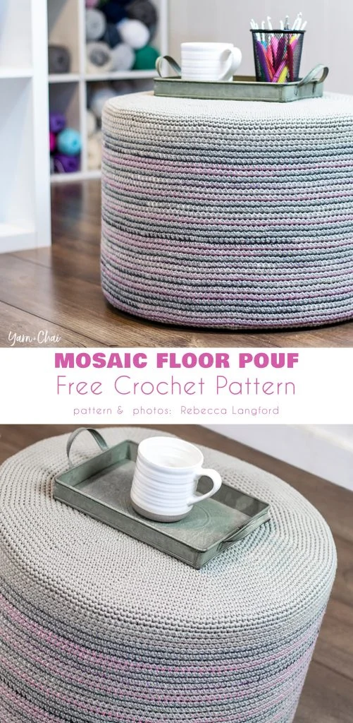 A round, striped crochet floor pouf sits on a wooden floor near shelves of yarn, with a tray holding a mug and knitting supplies—perfect inspiration for readers of magazine@yourcrochet.com.
