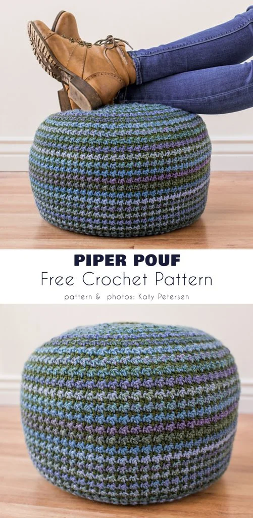 A round crochet pouf in blue, green, and purple tones with a person resting their feet on it. Text reads "Piper Pouf Free Crochet Pattern." Discover this stylish design and more at magazine@yourcrochet.com.