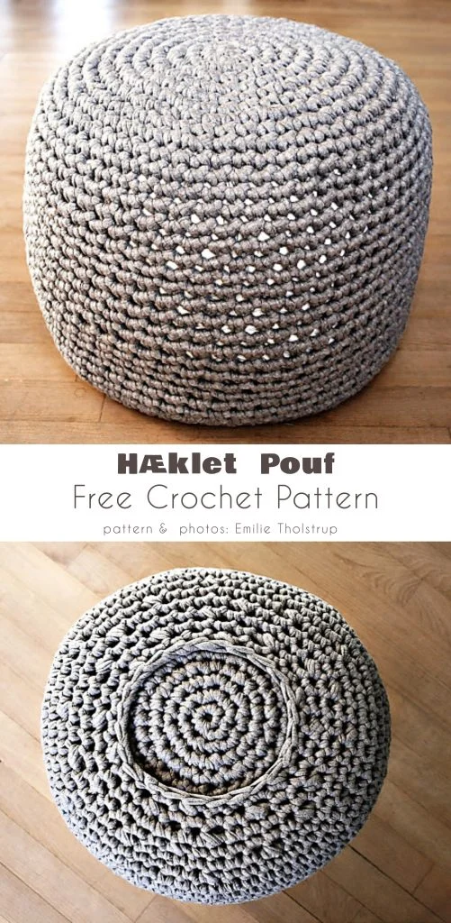 A round, hand-crocheted pouf in neutral yarn is shown from a side angle and top view on a wooden floor. Text reads "Hæklet Pouf Free Crochet Pattern." For more inspiration and patterns, visit magazine@yourcrochet.com.