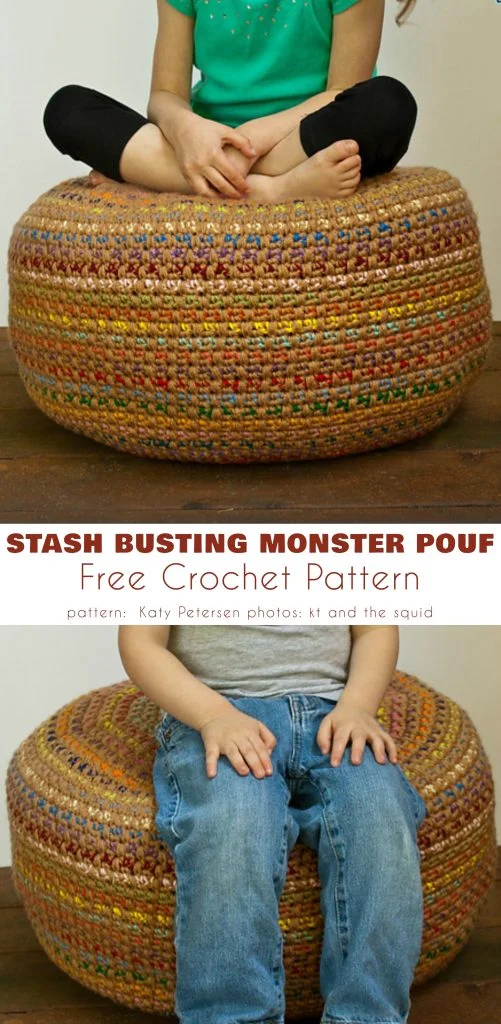 Two children sit on a large, round, multicolored crocheted pouf. Text below describes a free crochet pattern for making the pouf, available from magazine@yourcrochet.com.