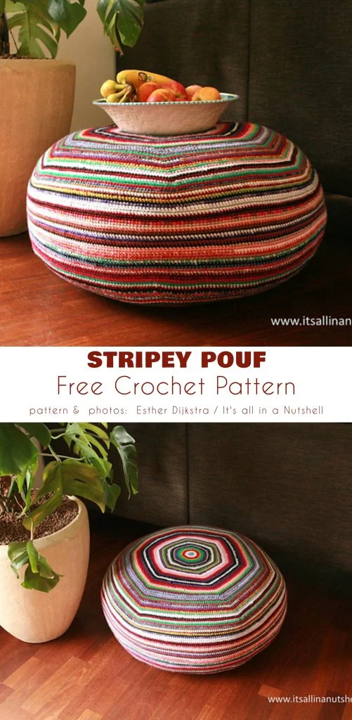 A round pouf with colorful horizontal crochet stripes, topped with a bowl of fruit, sits next to a potted plant. Text reads "Stripey Pouf Free Crochet Pattern." For more inspiration, visit magazine@yourcrochet.com.