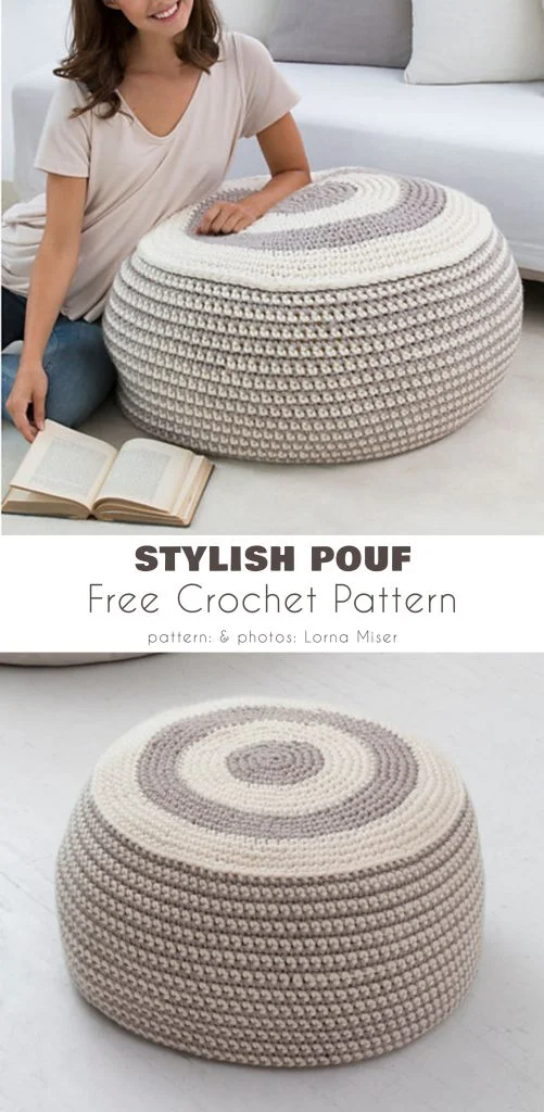 Woman sitting next to a round, striped crochet pouf in beige and cream tones, with an open book on the floor—perfect for relaxing with your latest pattern from magazine@yourcrochet.com. Second image shows a close-up of the pouf alone.