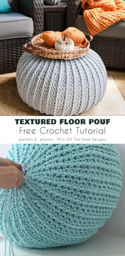 A round, textured crochet floor pouf in light blue yarn sits on a patio. Nearby, a wicker tray holds orange yarn and crochet supplies, perfect for any project featured by magazine@yourcrochet.com. A hand is shown crocheting a similar pouf.