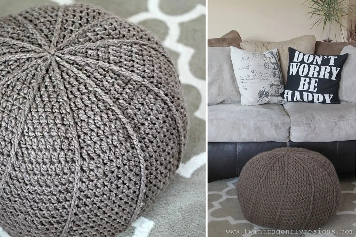 A round, crocheted brown pouf sits on a patterned rug, next to a couch with decorative pillows, including one that says, "DON'T WORRY BE HAPPY.
