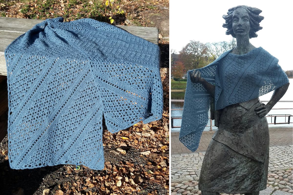 A blue crocheted Erigeneia rectangle shawl is draped on a bench and also displayed on a statue outdoors, showing its lacy pattern in two different views.