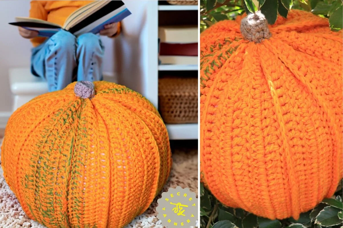 Large, round, orange Pumpkin Pouf crocheted to resemble a Giant Pumpkin, shown indoors near a person reading and outdoors among green leaves.