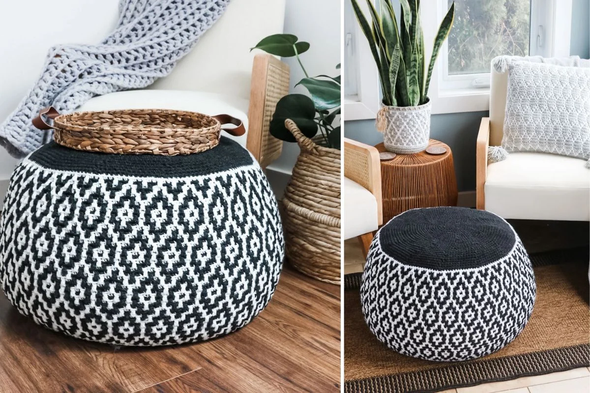 Black and white knit pouf with geometric pattern, known as the Granite Ridge Floor Pouf, used as a table and a footrest in a modern living room with woven decor accents.