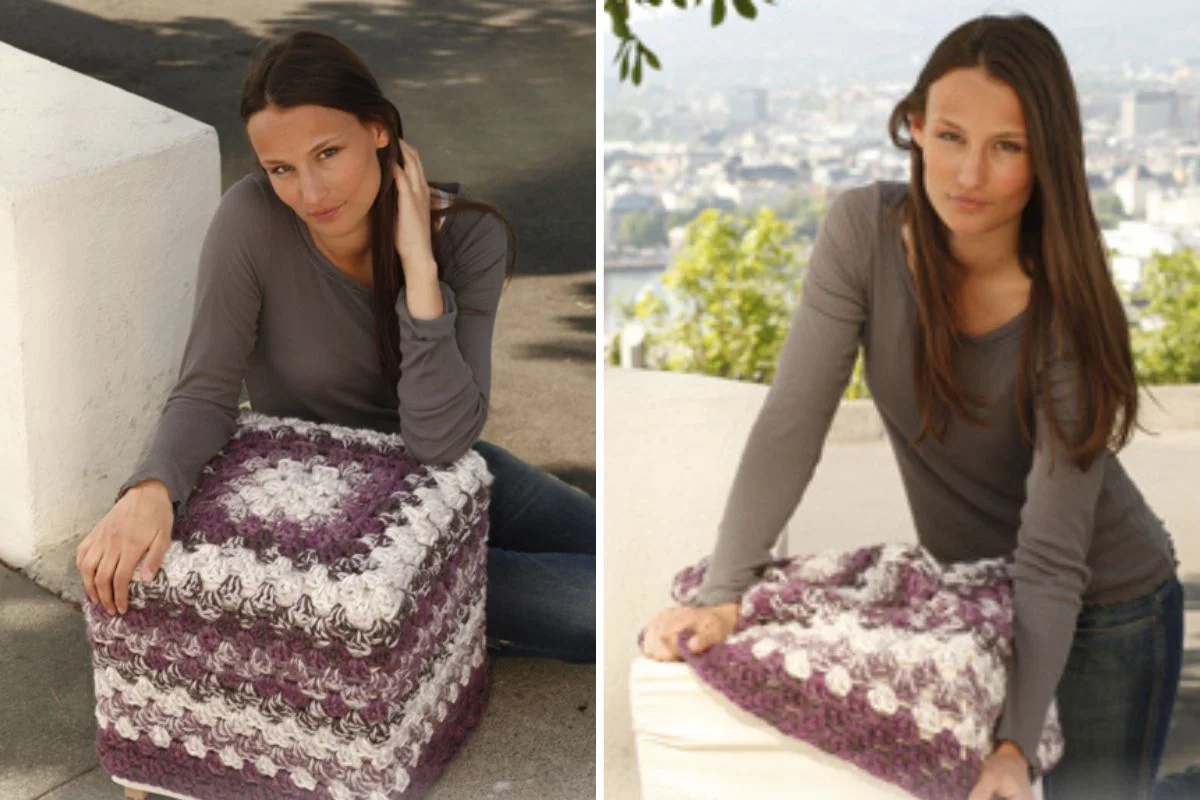 A woman with long brown hair sits outdoors next to a purple and white crocheted blanket, wearing a gray long-sleeve shirt.